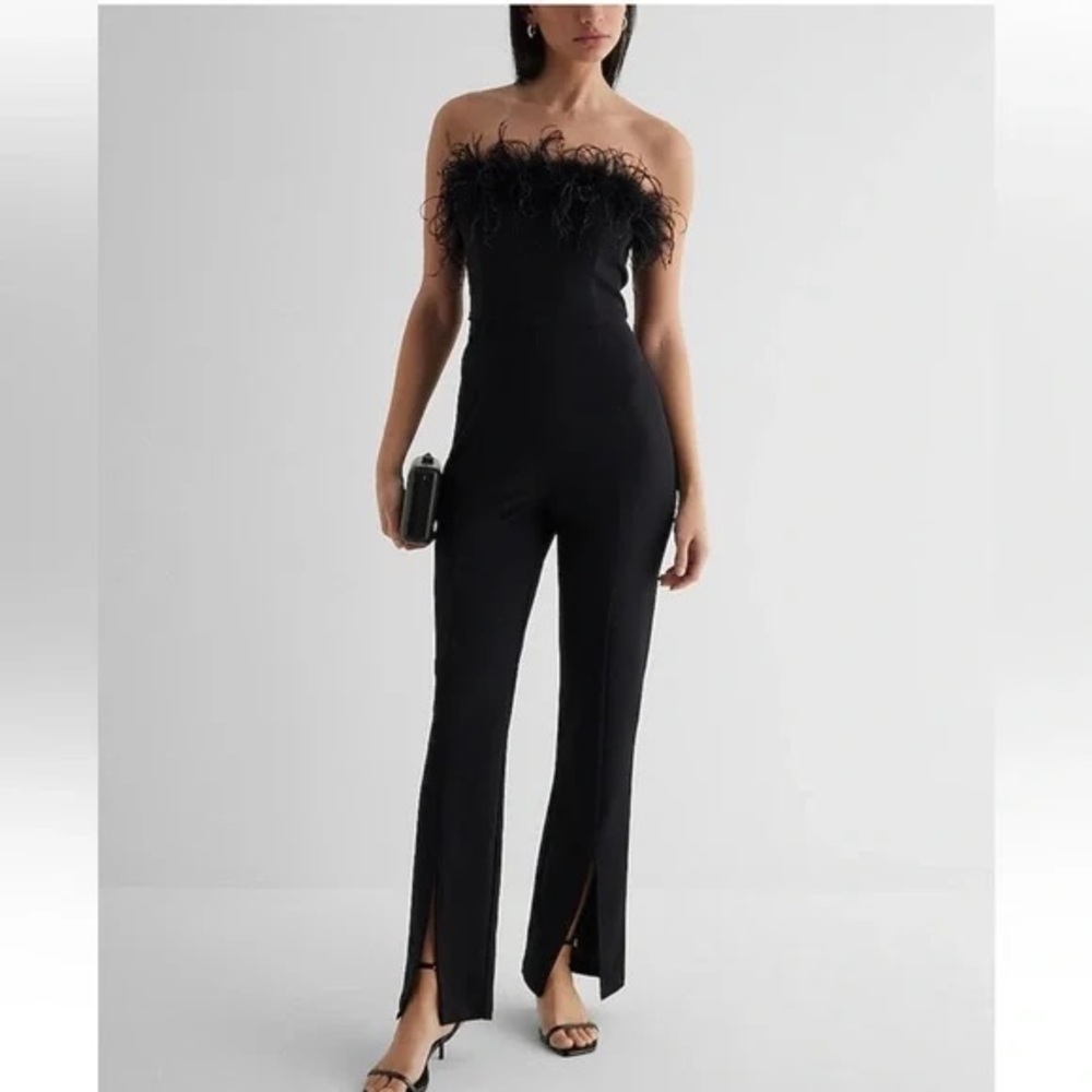 Express Black Strapless Feather Jumpsuit